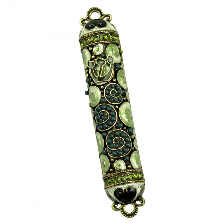 Crystal and Pearl Mezuzah in Green