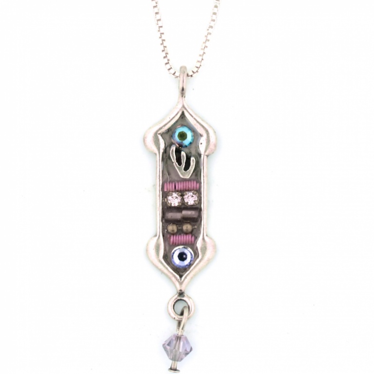 Enamel and Jewels Lavender Mezuzah Pendant with Chain