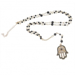 Hamsa and Hand Pendant Necklace with Black Beads