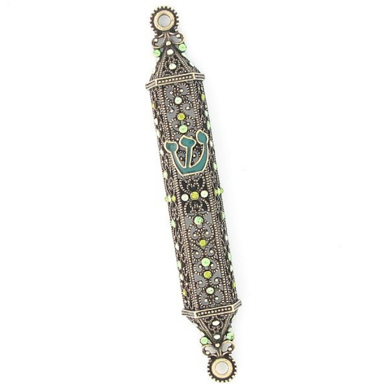 Lace Crystals Mezuzah in Green