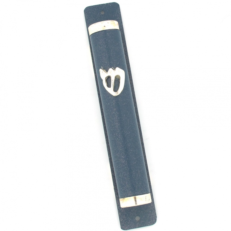 Metallic Blue Mezuzah With Silver Accents by Art Judaica