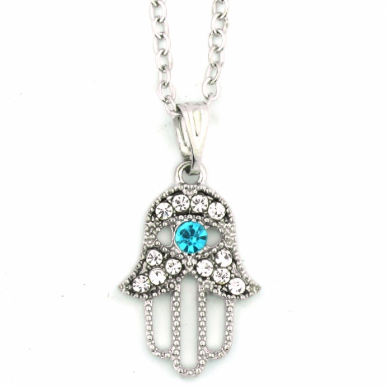 Silver Hamsa Necklace with Gemstones