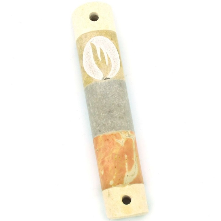 Striped Marble Mezuzah with Encircled Shin - Orange and Grey - Small